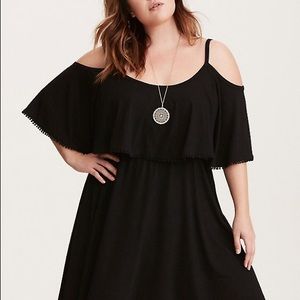 Trimmed Ruffle Cold Shoulder Skater Dress